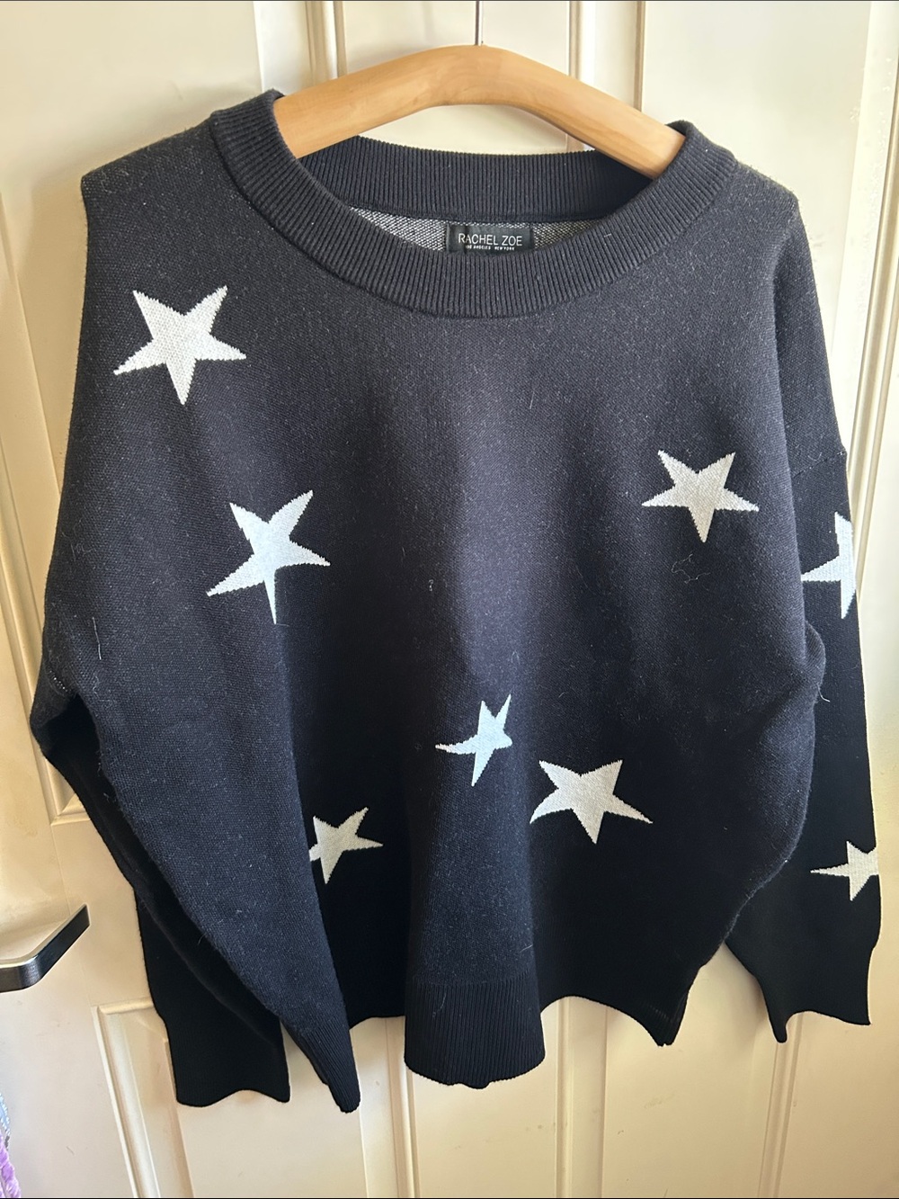 Rachel Zoe Black Crewneck Sweater with White Star Motif